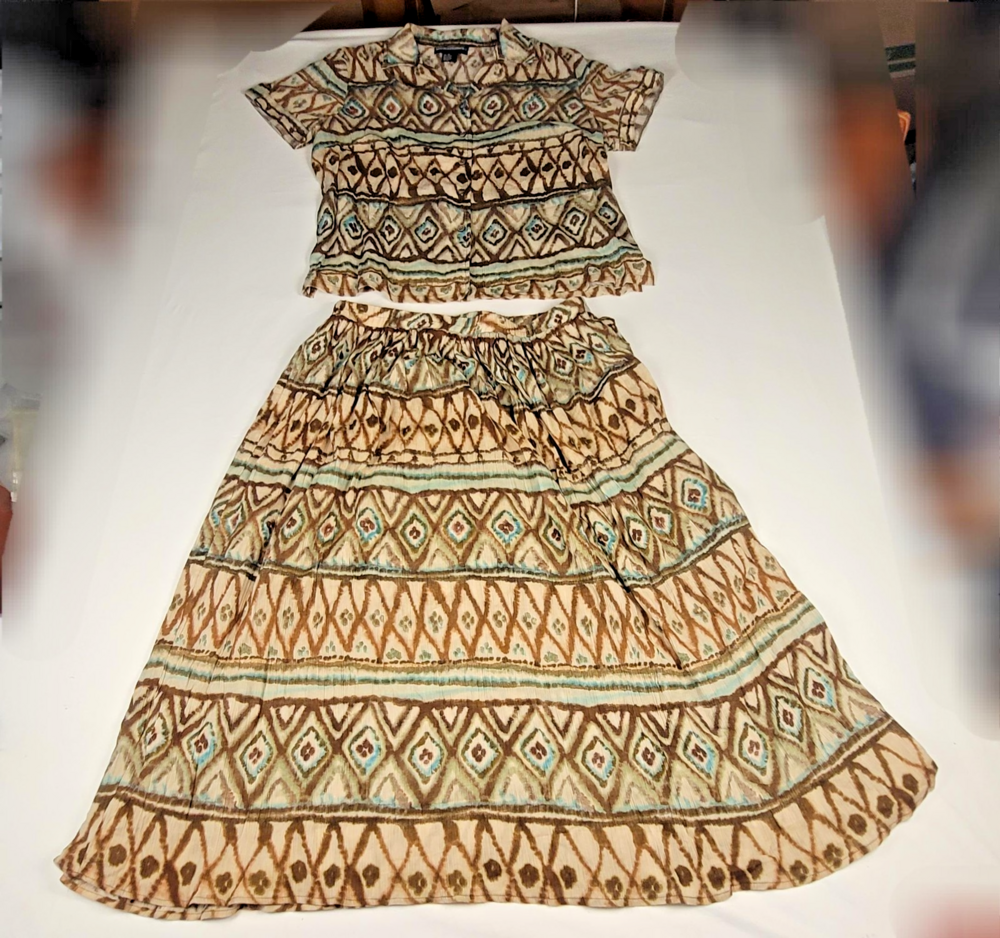 Requirements 2 Piece Skirt Shirt Set Womens XL Brown Teal Geo Aztec Cotton Gauze
